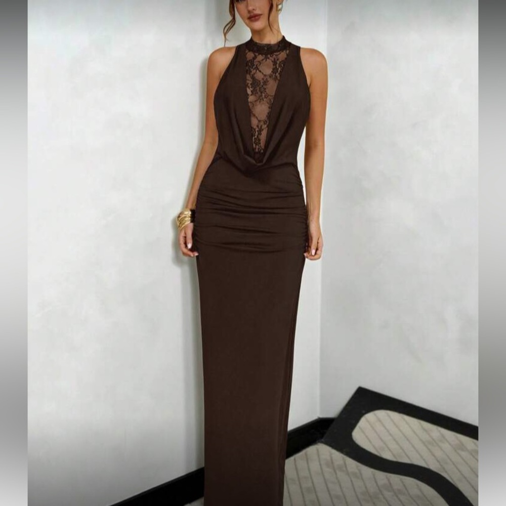 Backless Lace Inset Evening Gown - Brown